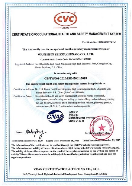 La CINA WANSHSIN Seikou (Hunan) Co., Ltd Certificazioni